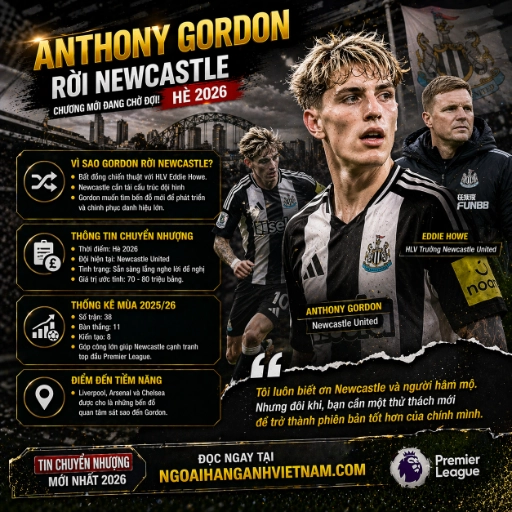 Anthony Gordon Rời Newcastle Hè 2026 - Arsenal Quyết Tâm Theo Đuổi